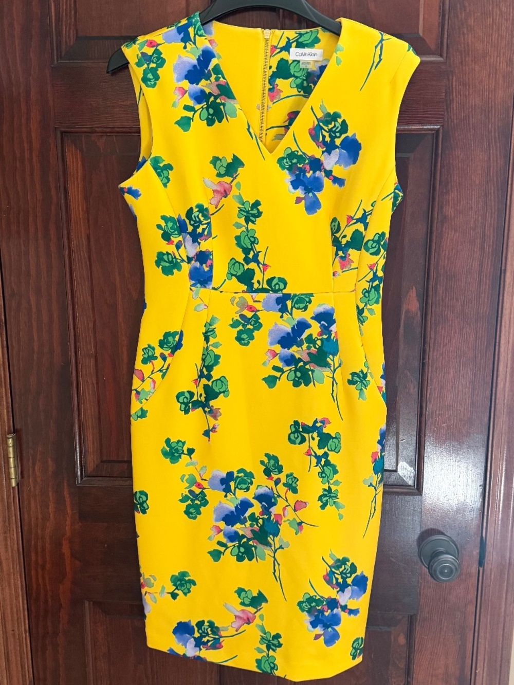 Calvin Klein Yellow Blue Floral Sz 12 Scuba Fabric Sheath Sleeveless Dress NWOT